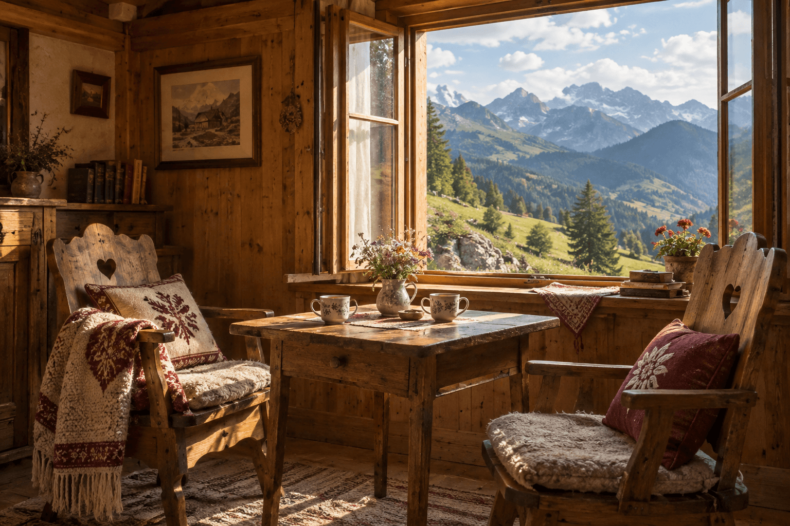 Zwei gemütliche Stühle am Tisch eines rustikalen Stüberls mit Blick auf die Berge.